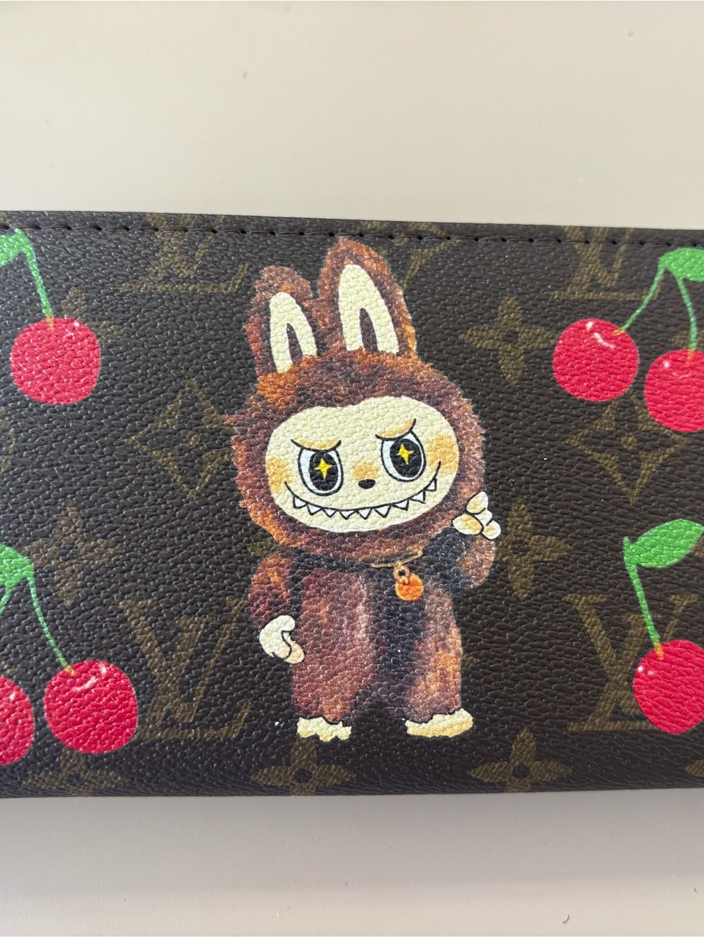 Labubu inspired Brown Monogram Wallet with Cherry & Character Print